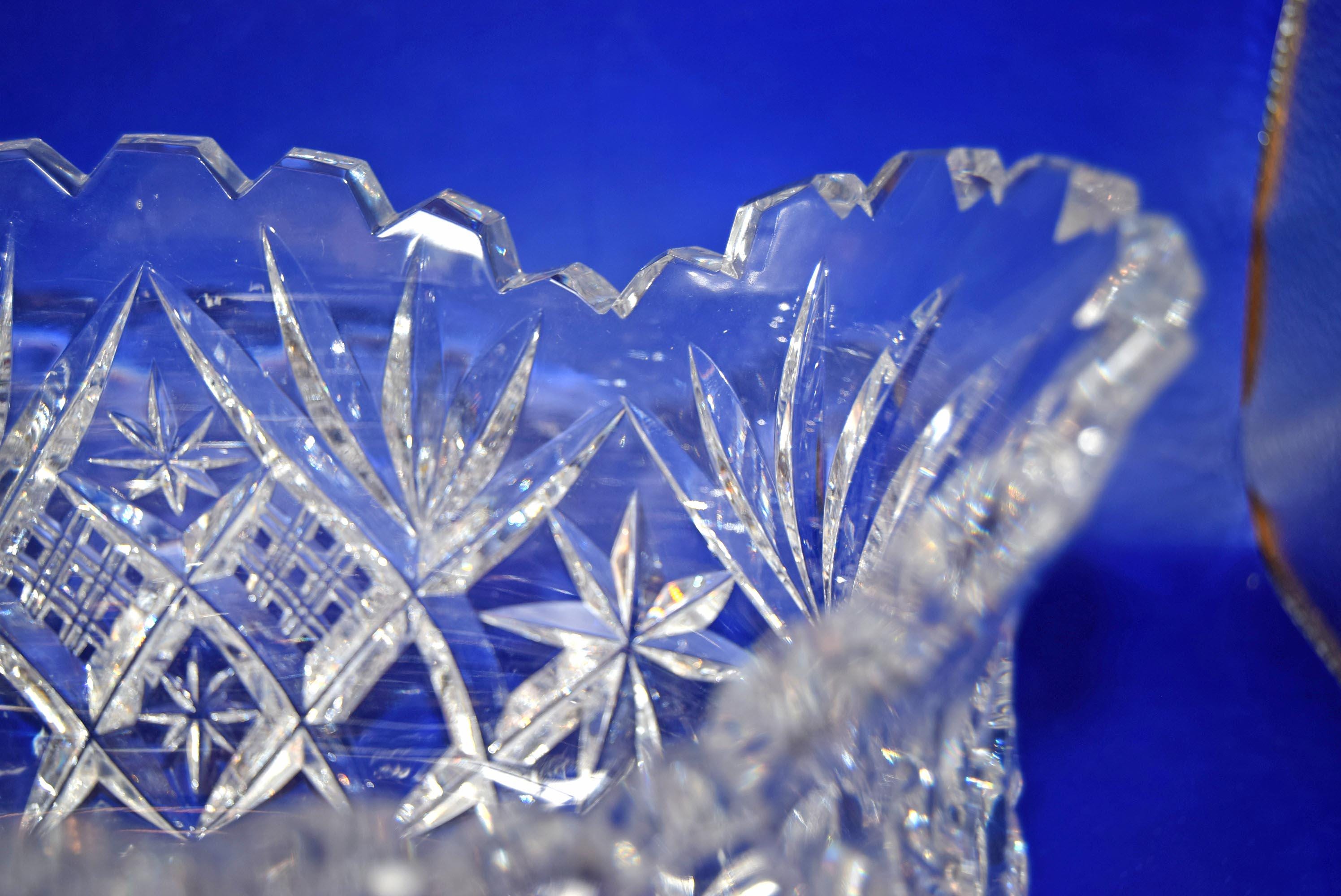 Vintage Heavy Cut Glass Bowl Hobstar and Fan, Scalloped Sawtooth Edge c1980s