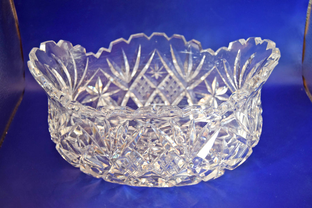 Vintage Heavy Cut Glass Bowl Hobstar and Fan, Scalloped Sawtooth Edge c1980s