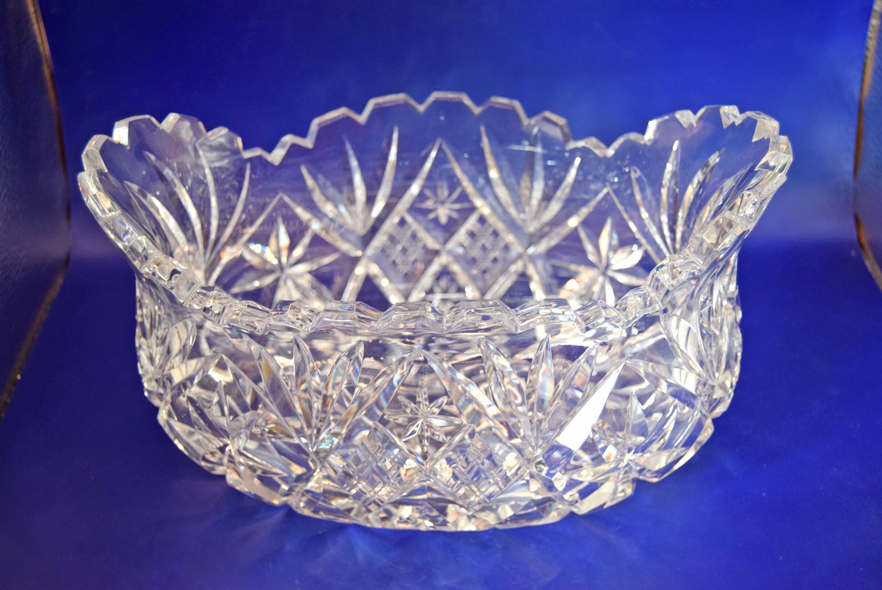 Vintage Heavy Cut Glass Bowl Hobstar and Fan, Scalloped Sawtooth Edge c1980s