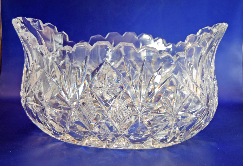 Vintage Heavy Cut Glass Bowl Hobstar and Fan, Scalloped Sawtooth Edge c1980s