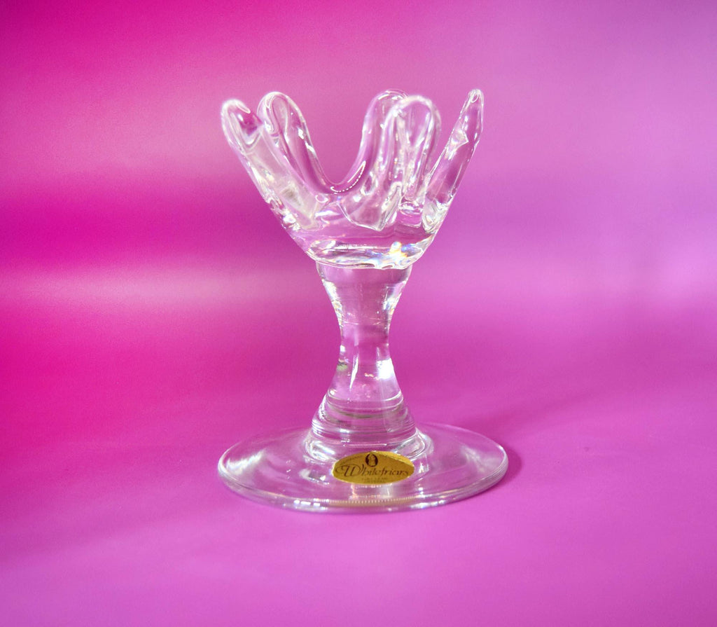 Whitefriars clear crystal ring tree holder, featuring a striking modernist five-prong design. Designed in the late 20th century (circa 1980) and attributed to the iconic Geoffrey Baxter, this sculptural art glass piece functions perfectly as a vanity ring organizer or standalone decor.