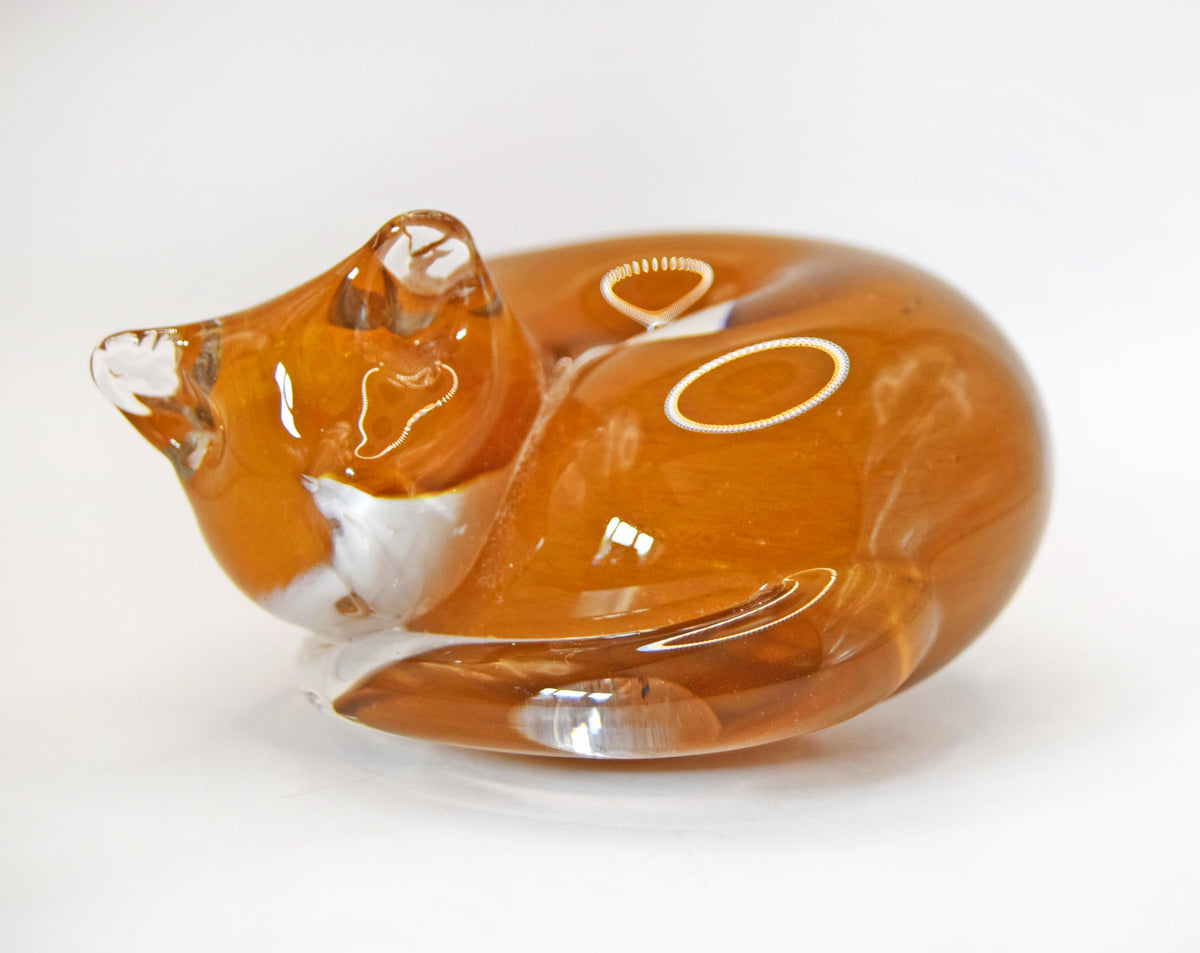 Vintage Langham Glass Sleeping Cat Paperweight, Amber Topaz and White Handblown