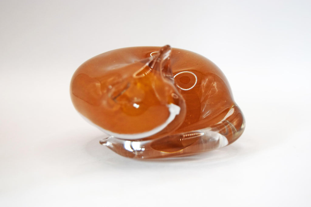 Vintage Langham Glass Sleeping Cat Paperweight, Amber Topaz and White Handblown