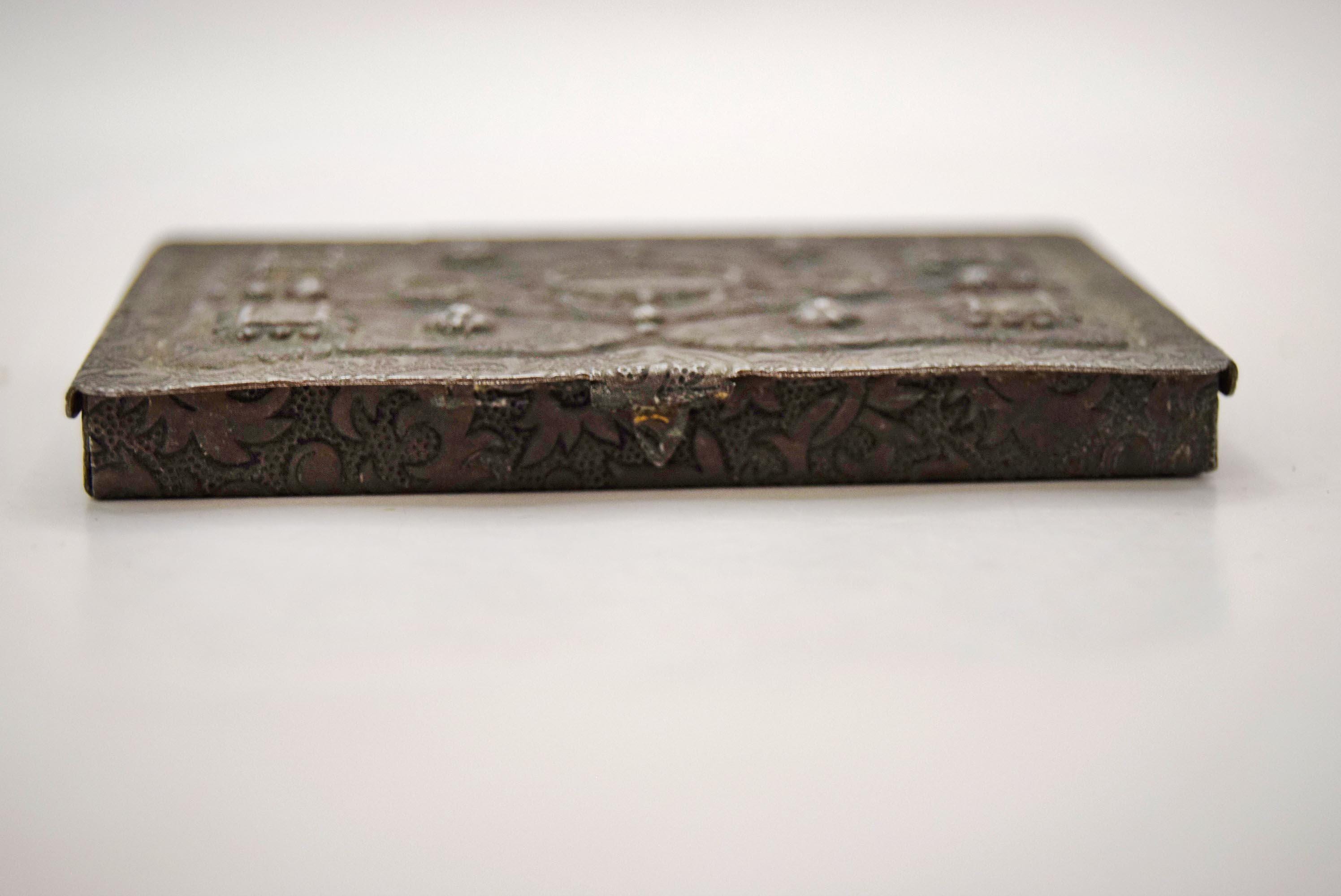 Antique Book Form Pocket Snuff Box, Victorian Stamped Steel Novelty Pill Case