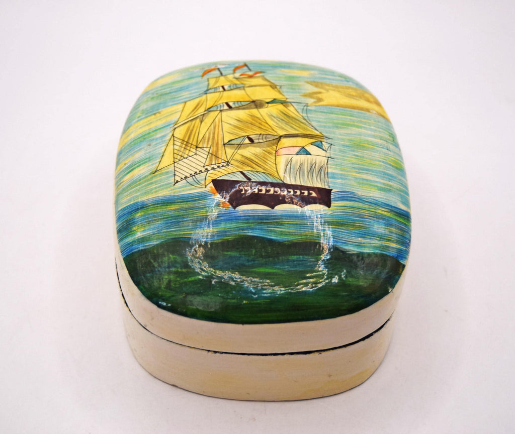 Vintage Papier Mache Trinket Box - Hand Painted Nautical Clipper Ship &amp; Lacquer

Crafted using traditional papier-mâché and lightweight wood techniques, the box features a smooth, domed lid and a glossy black base sealed completely in a high-gloss, protective clear lacquer finish.