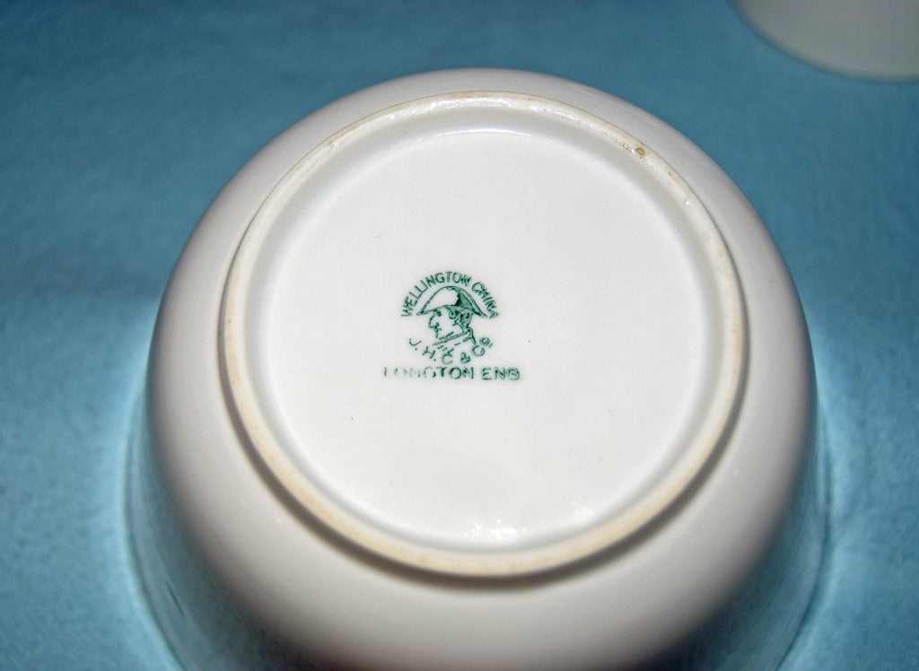 The bottom of a white ceramic bowl or cup with a green printed 'Wellington Cup' logo, photographed against a blue background.