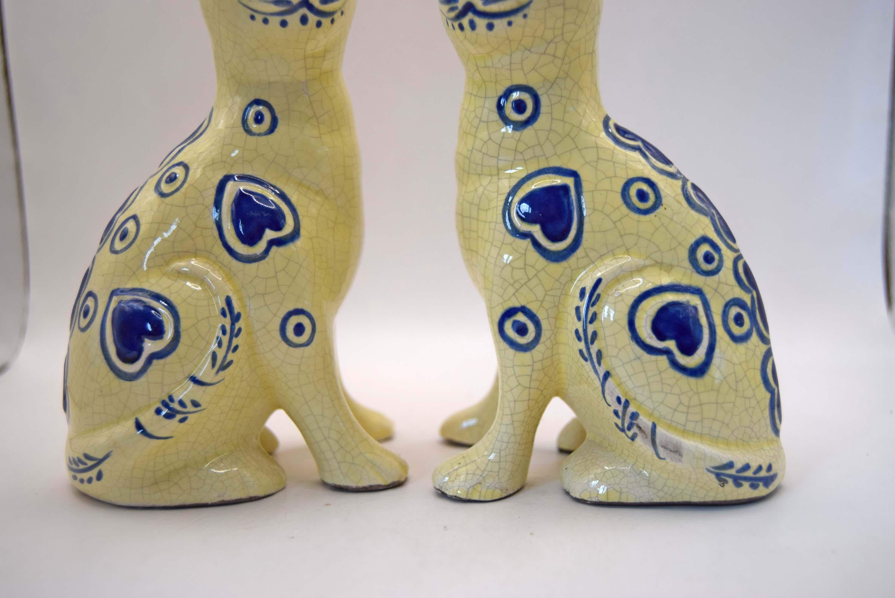 Pair of Vintage 1930s Gallé French Faience Ceramic Cats Hand-Painted