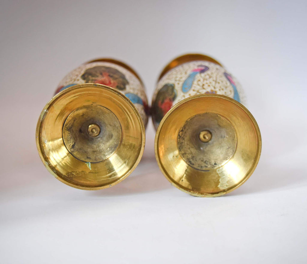 Pair of Vintage Kashmiri Brass Enamel Vases, Hand Painted Meenakari Peacock Vases