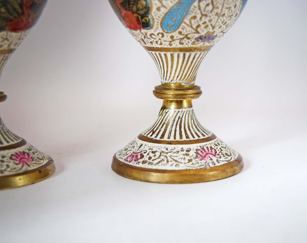 Pair of Vintage Kashmiri Brass Enamel Vases, Hand Painted Meenakari Peacock Vases