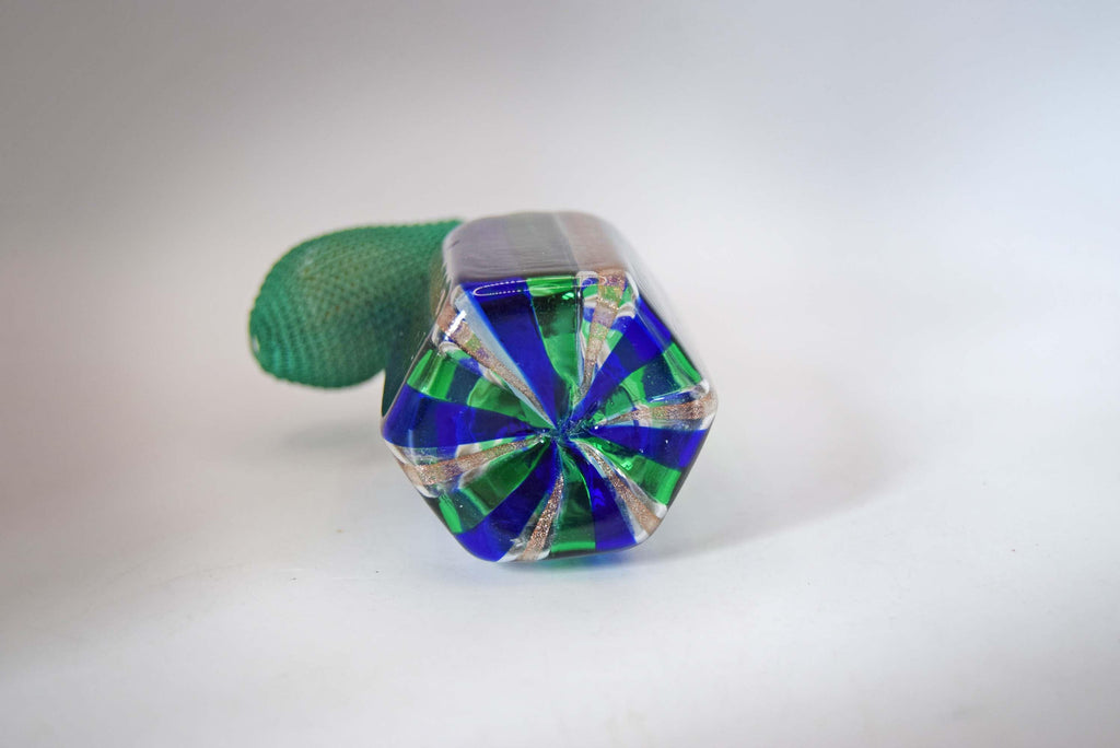 Pristine Vintage Murano Glass Perfume Atomizer | Blue Green Gold Aventurine Stripes