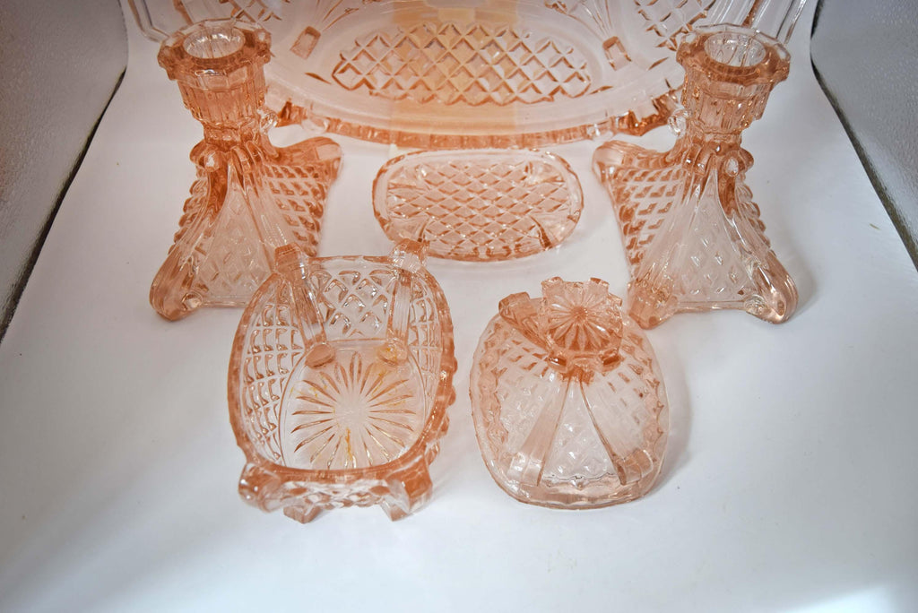Vintage Art Deco Blush Pink Glass Vanity Set, 1930s Stölzle Dressing Table Set