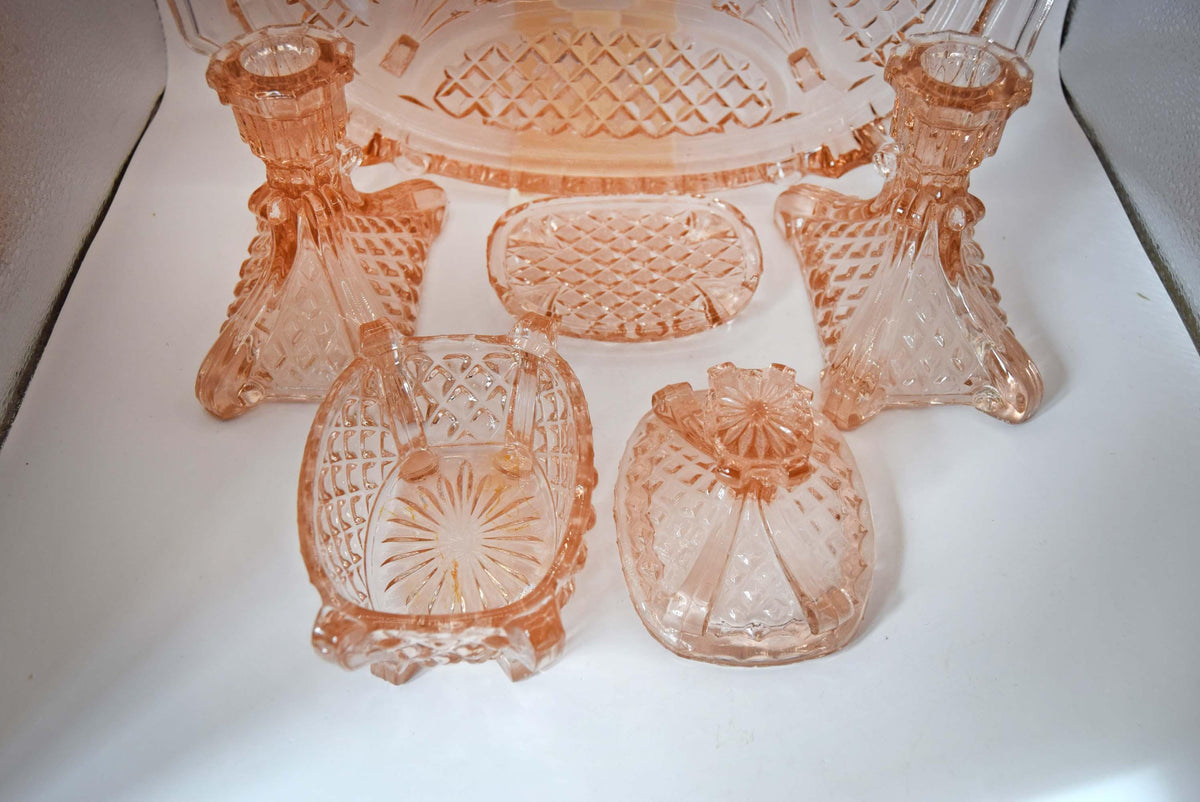 Vintage Art Deco Blush Pink Glass Vanity Set, 1930s Stölzle Dressing Table Set