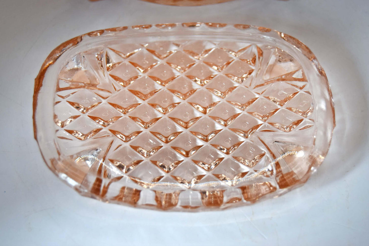 Vintage Art Deco Blush Pink Glass Vanity Set, 1930s Stölzle Dressing Table Set