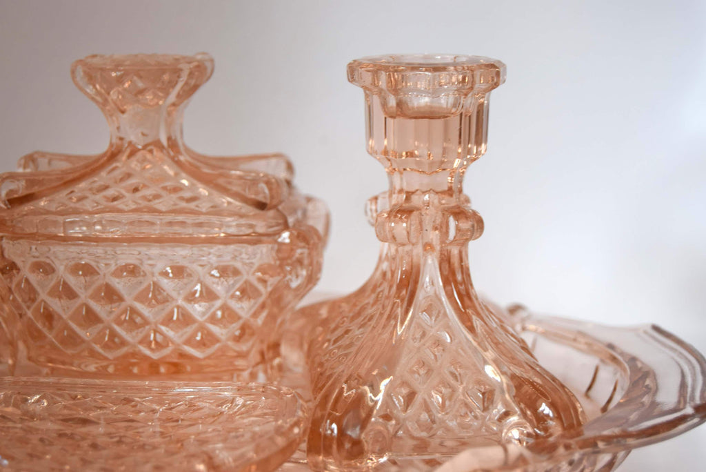 Vintage Art Deco Blush Pink Glass Vanity Set, 1930s Stölzle Dressing Table Set