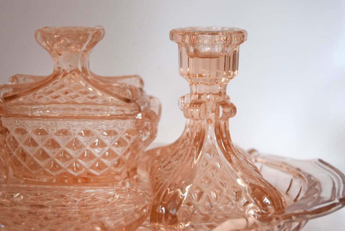 Vintage Art Deco Blush Pink Glass Vanity Set, 1930s Stölzle Dressing Table Set