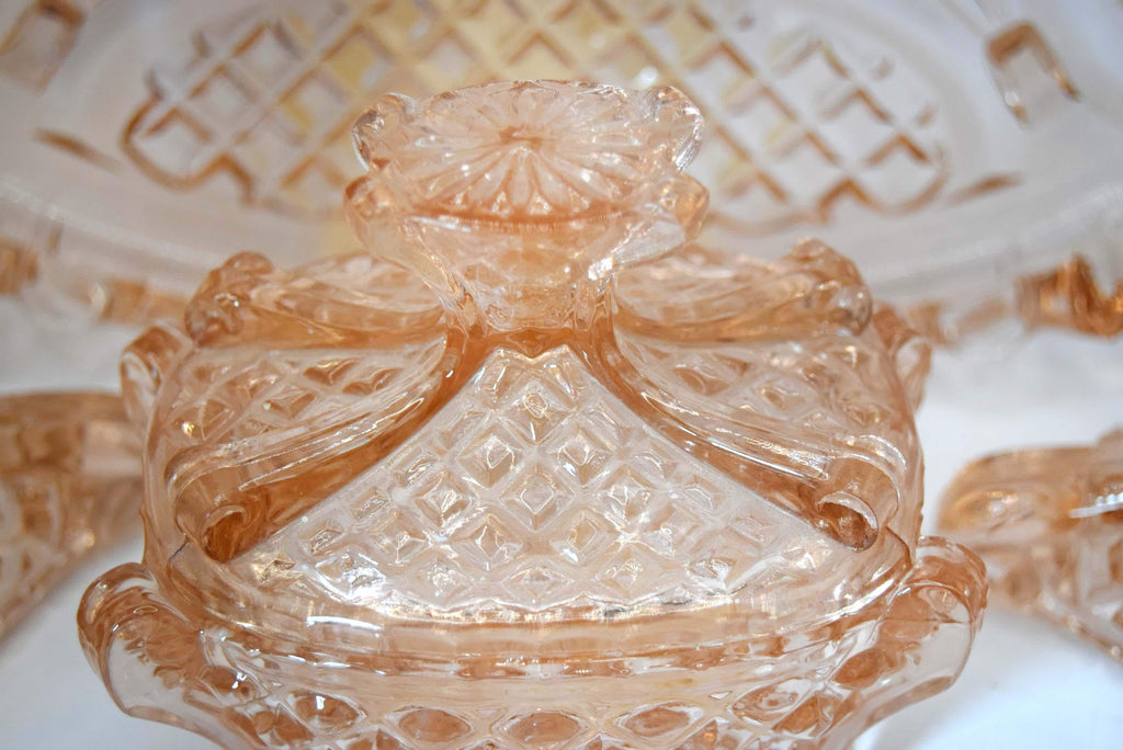 Vintage Art Deco Blush Pink Glass Vanity Set, 1930s Stölzle Dressing Table Set