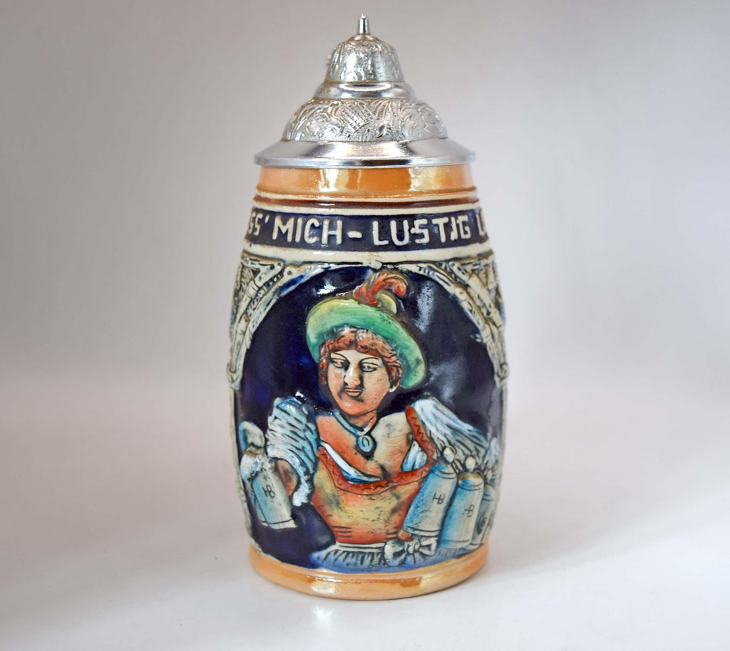 Vintage King Werk Lidded Beer Stein Ceramic Pewter Mug West Germany