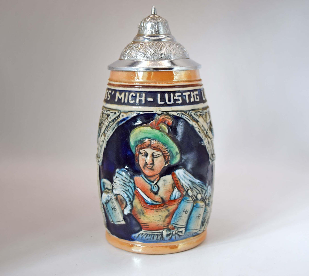 Vintage King Werk Lidded Beer Stein Ceramic Pewter Mug West Germany