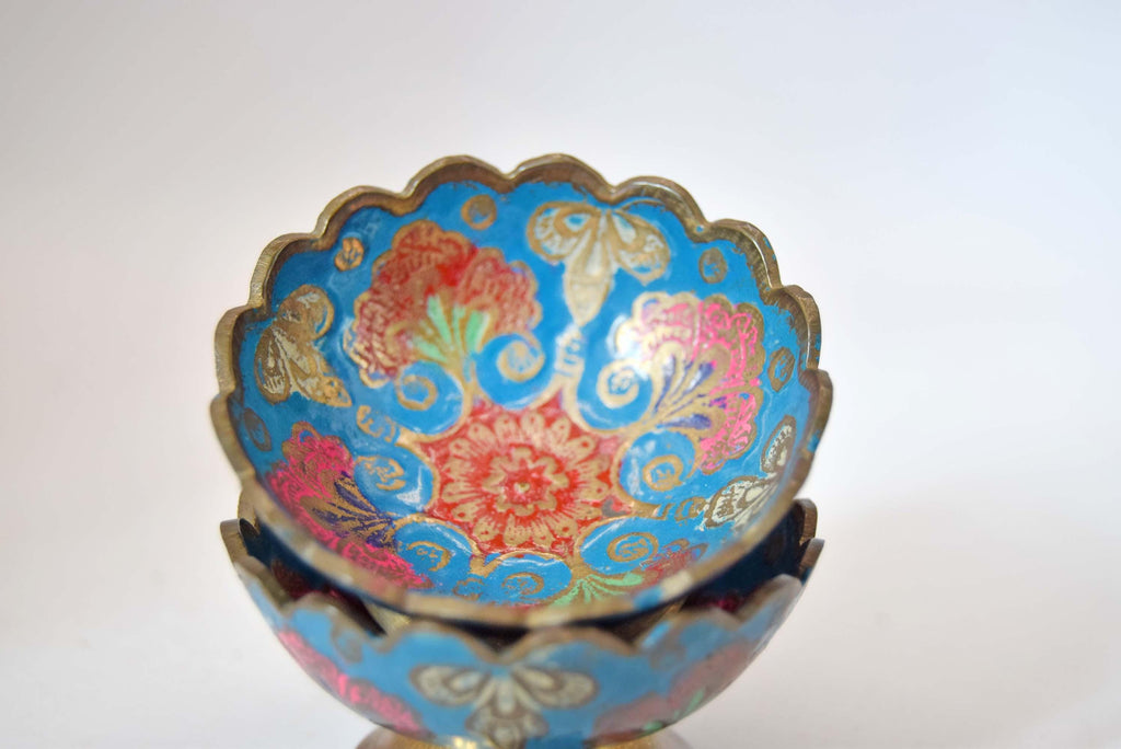 Vintage Hand-Painted Indian Brass Enamel Pedestal Bowls - Scalloped Champlevé Floral Trinket Dishes