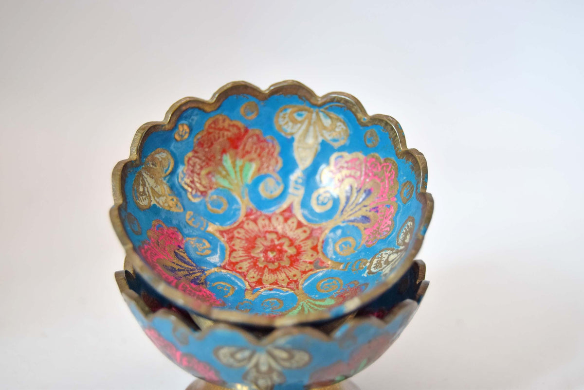 Vintage Hand-Painted Indian Brass Enamel Pedestal Bowls - Scalloped Champlevé Floral Trinket Dishes