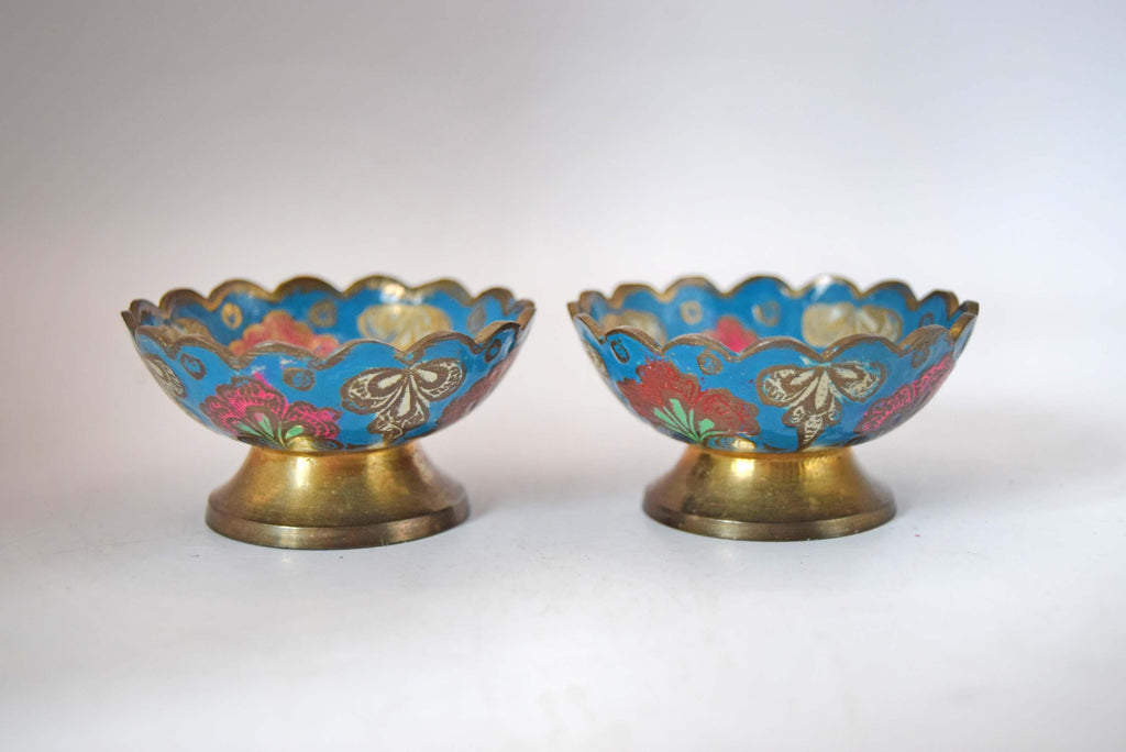 Vintage Hand-Painted Indian Brass Enamel Pedestal Bowls - Scalloped Champlevé Floral Trinket Dishes