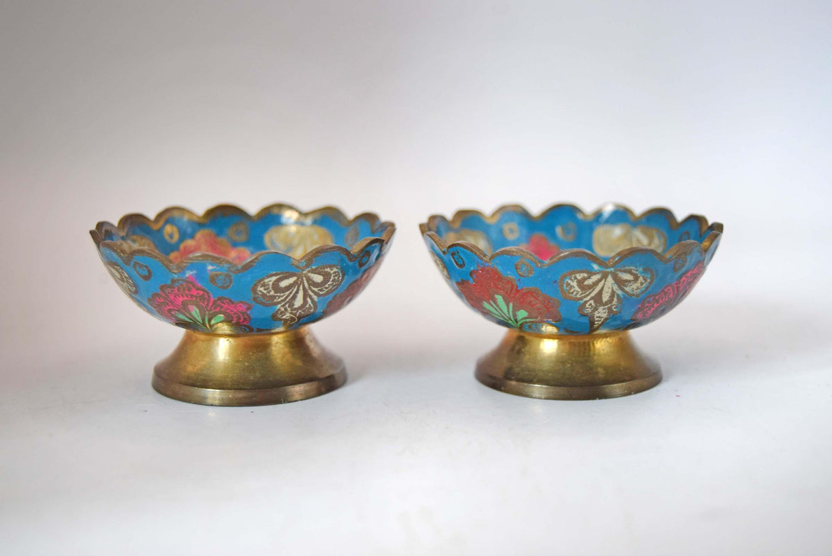 Vintage Hand-Painted Indian Brass Enamel Pedestal Bowls - Scalloped Champlevé Floral Trinket Dishes