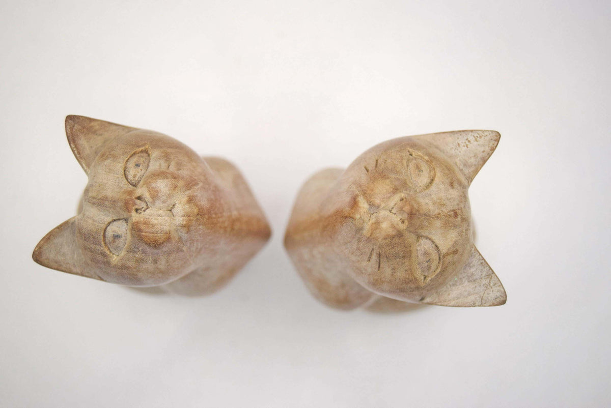 Pair of Vintage Hand Carved Wooden Cat Figurines 6" (15cms)