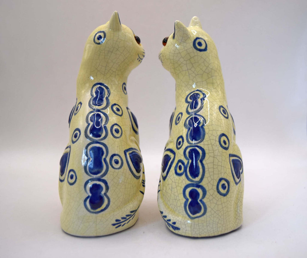 Pair of Vintage 1930s Gallé French Faience Ceramic Cats Hand-Painted
