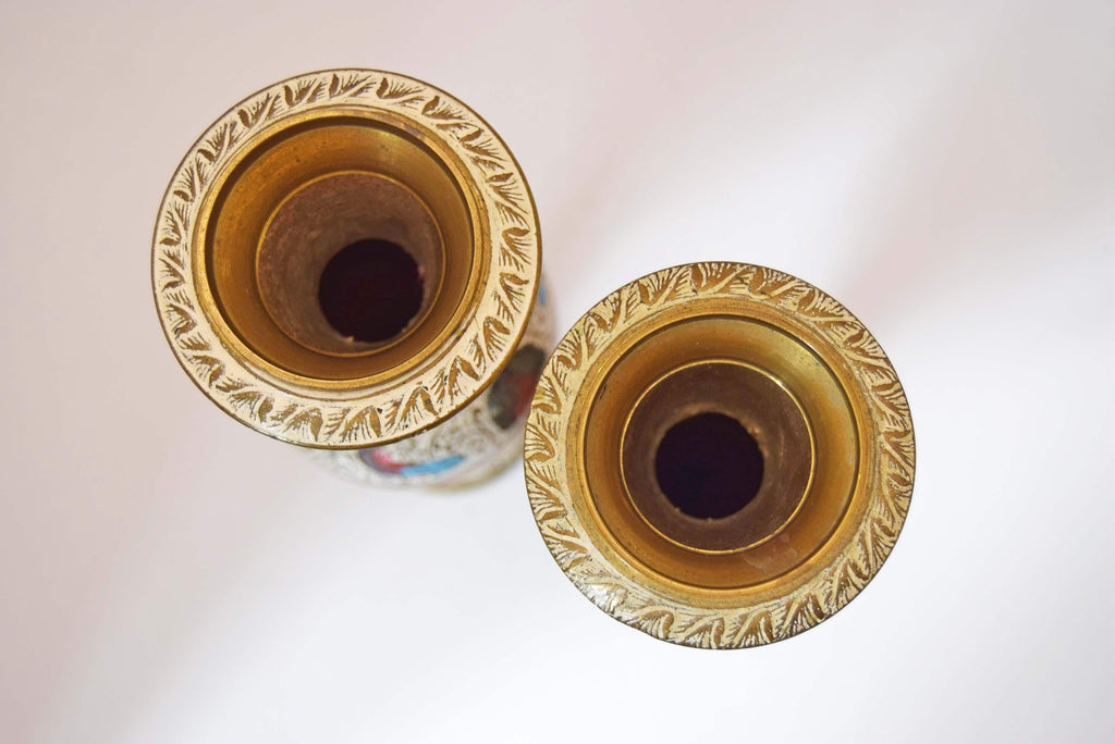 Pair of Vintage Kashmiri Brass Enamel Vases, Hand Painted Meenakari Peacock Vases