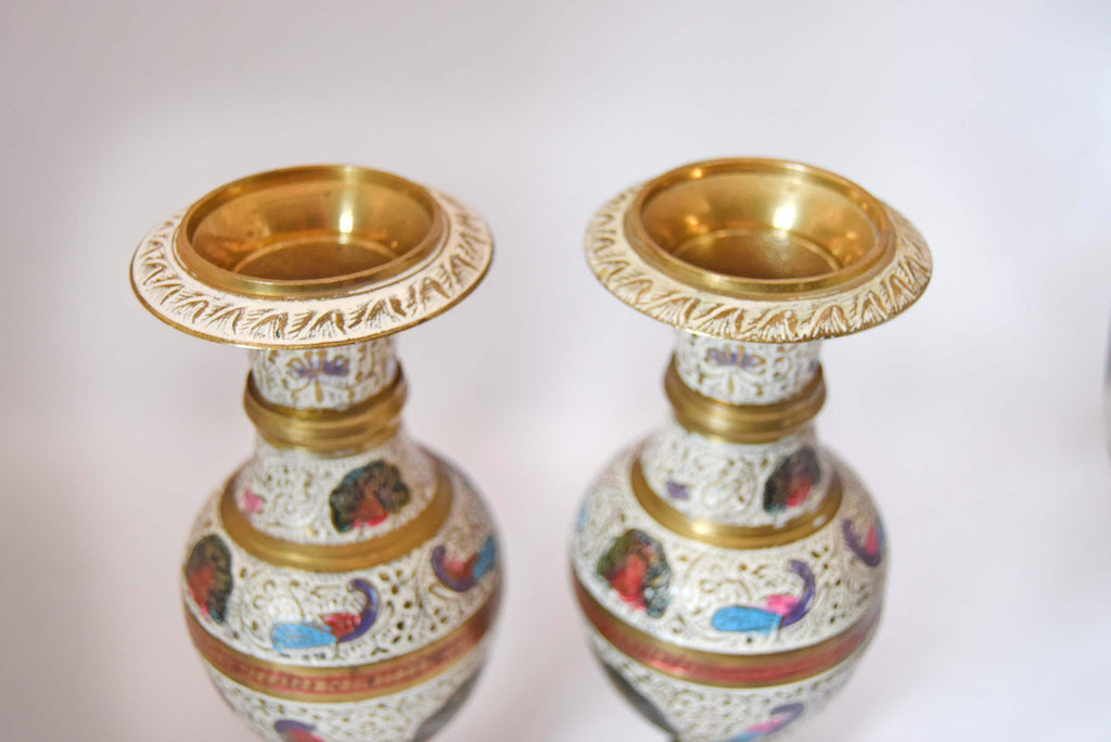 Pair of Vintage Kashmiri Brass Enamel Vases, Hand Painted Meenakari Peacock Vases