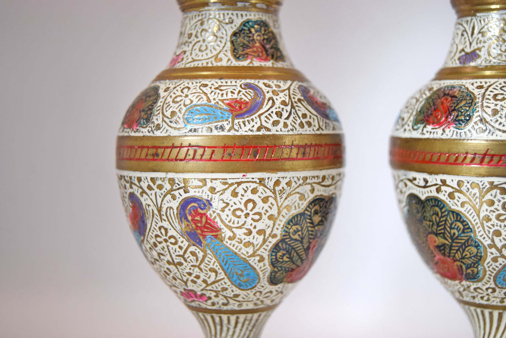 Pair of Vintage Kashmiri Brass Enamel Vases, Hand Painted Meenakari Peacock Vases