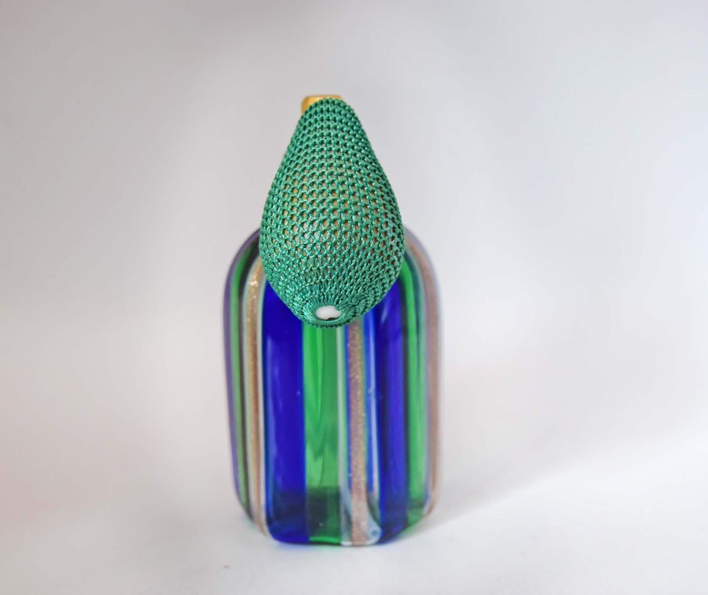 Pristine Vintage Murano Glass Perfume Atomizer | Blue Green Gold Aventurine Stripes