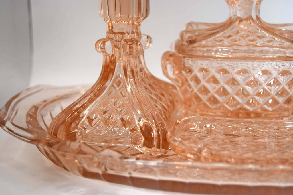 Vintage Art Deco Blush Pink Glass Vanity Set, 1930s Stölzle Dressing Table Set