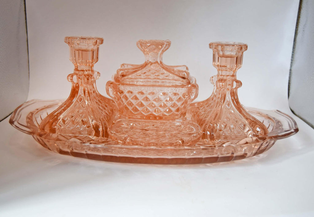 Vintage Art Deco Blush Pink Glass Vanity Set, 1930s Stölzle Dressing Table Set