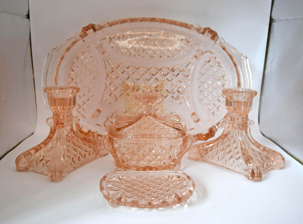 Vintage Art Deco Blush Pink Glass Vanity Set, 1930s Stölzle Dressing Table Set