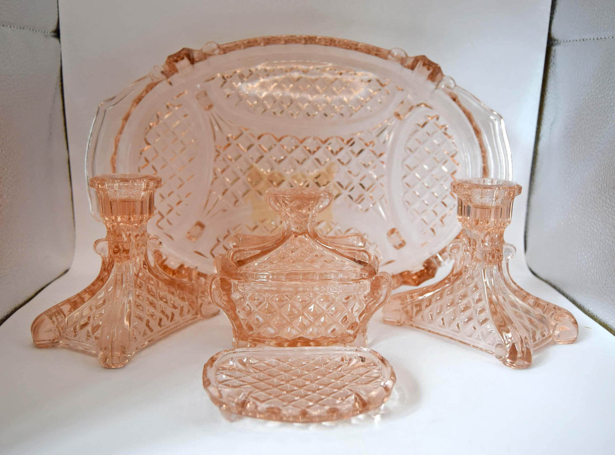 Vintage Art Deco Blush Pink Glass Vanity Set, 1930s Stölzle Dressing Table Set