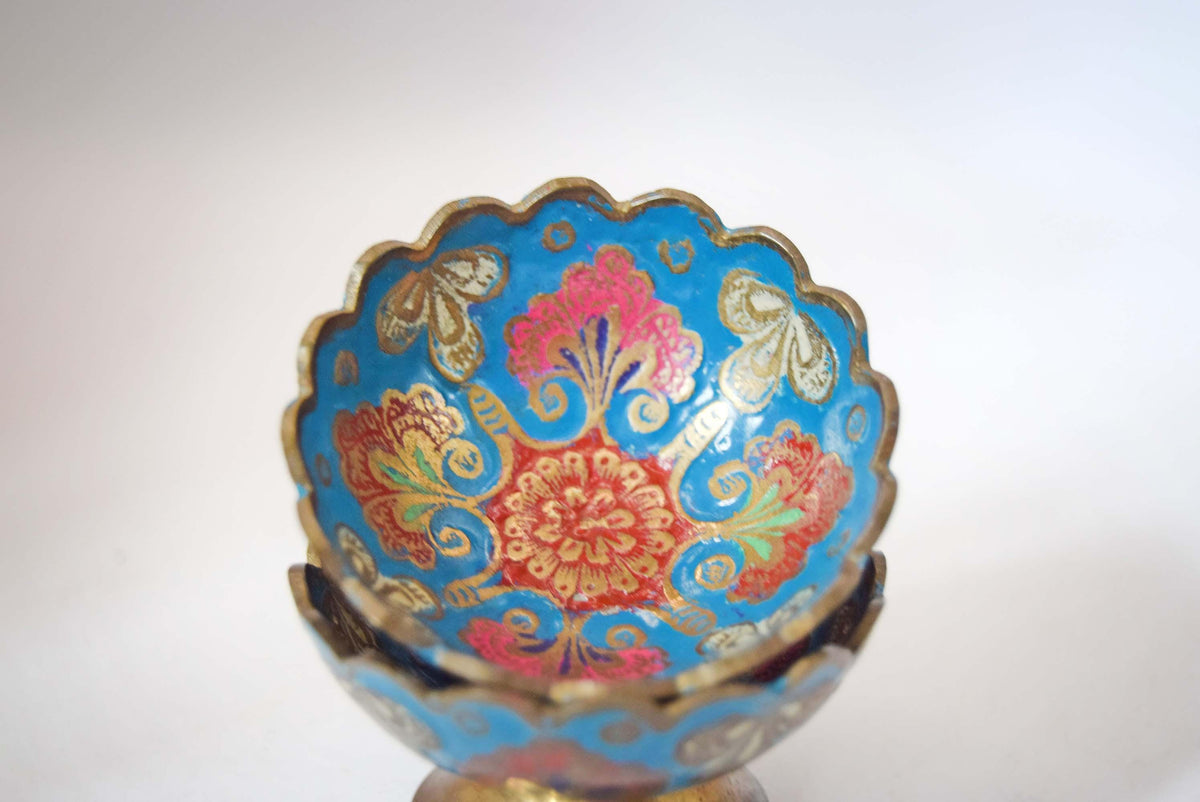 Vintage Hand-Painted Indian Brass Enamel Pedestal Bowls - Scalloped Champlevé Floral Trinket Dishes