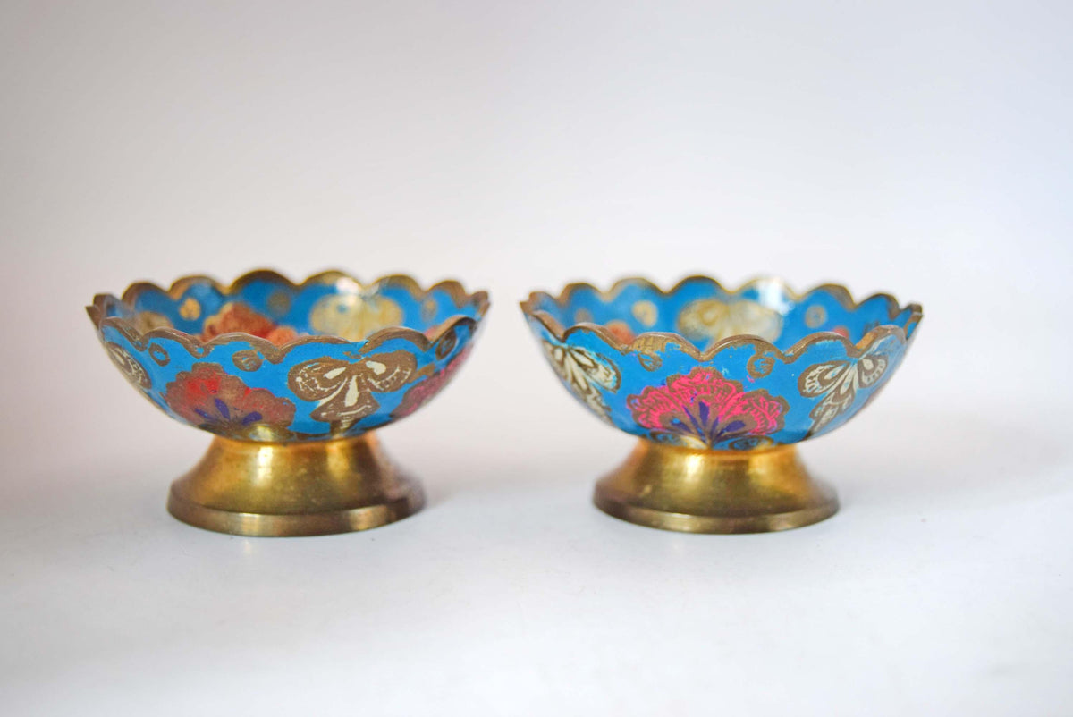Vintage Hand-Painted Indian Brass Enamel Pedestal Bowls - Scalloped Champlevé Floral Trinket Dishes
