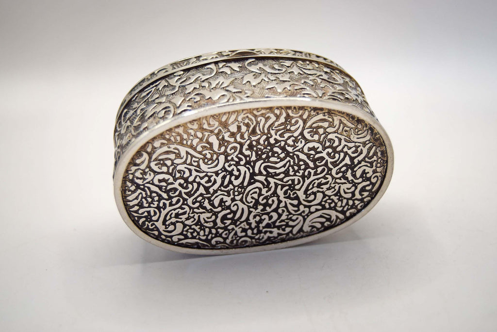 Vintage Ornate Silver Plated Oval Trinket Box - Embossed Scroll, Fully Lined