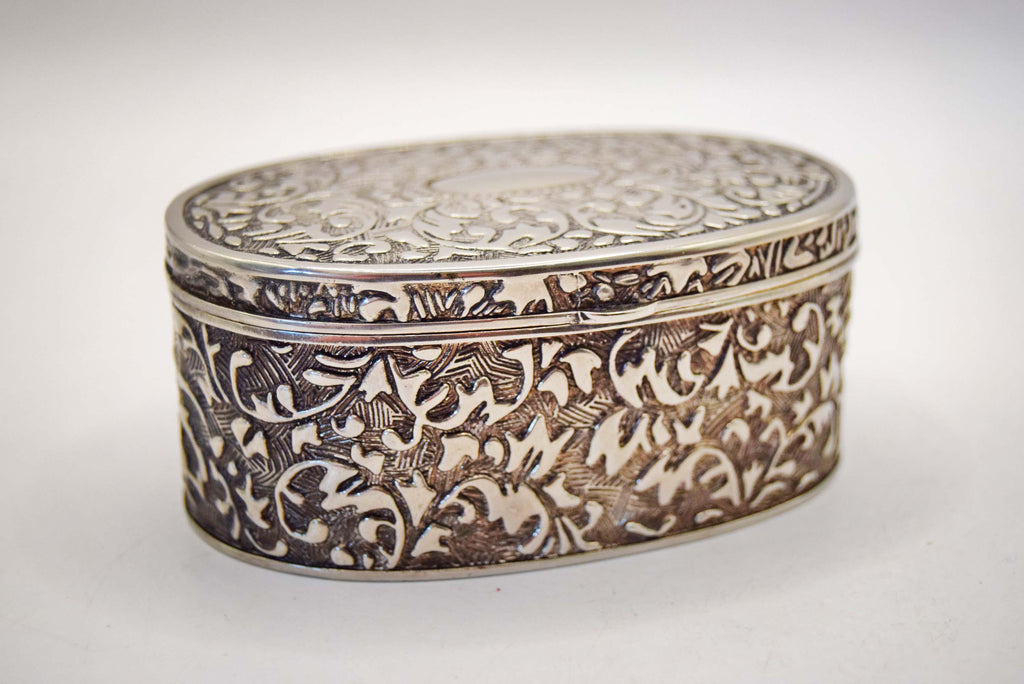 Vintage Ornate Silver Plated Oval Trinket Box - Embossed Scroll, Fully Lined
