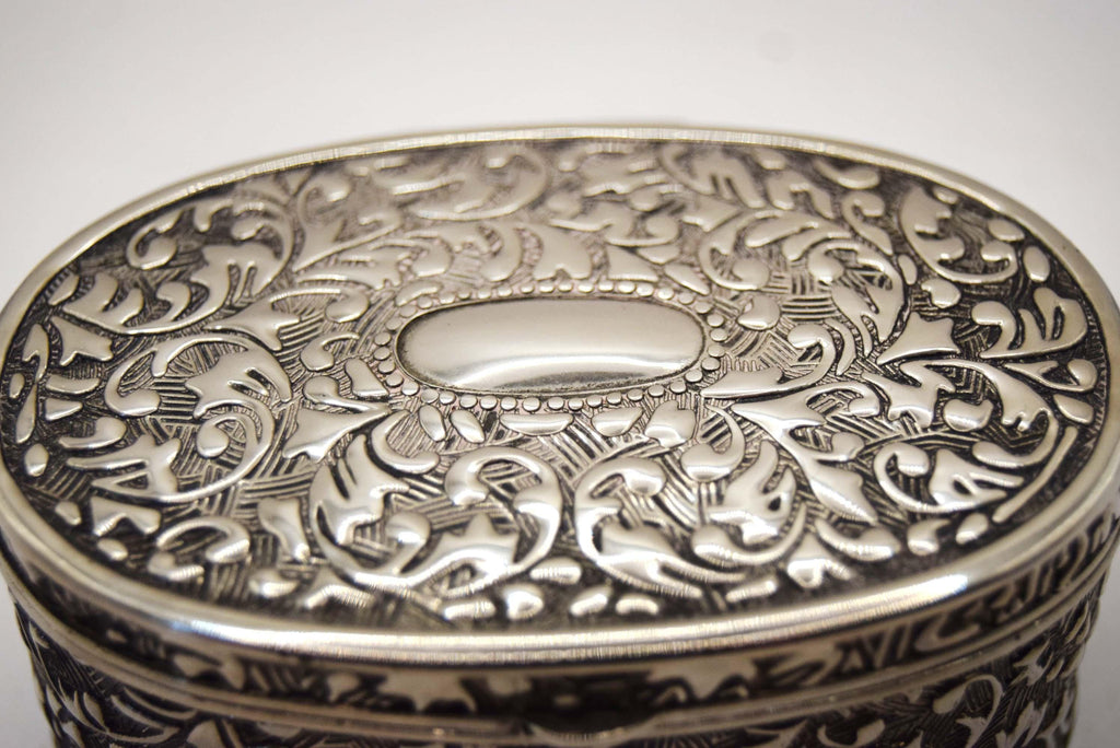 Vintage Ornate Silver Plated Oval Trinket Box - Embossed Scroll, Fully Lined