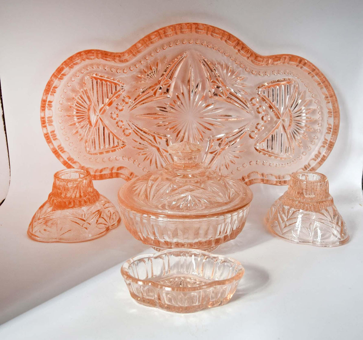 Art Deco Pink/Peach Cut Glass Dressing Table Vanity Set 1930s