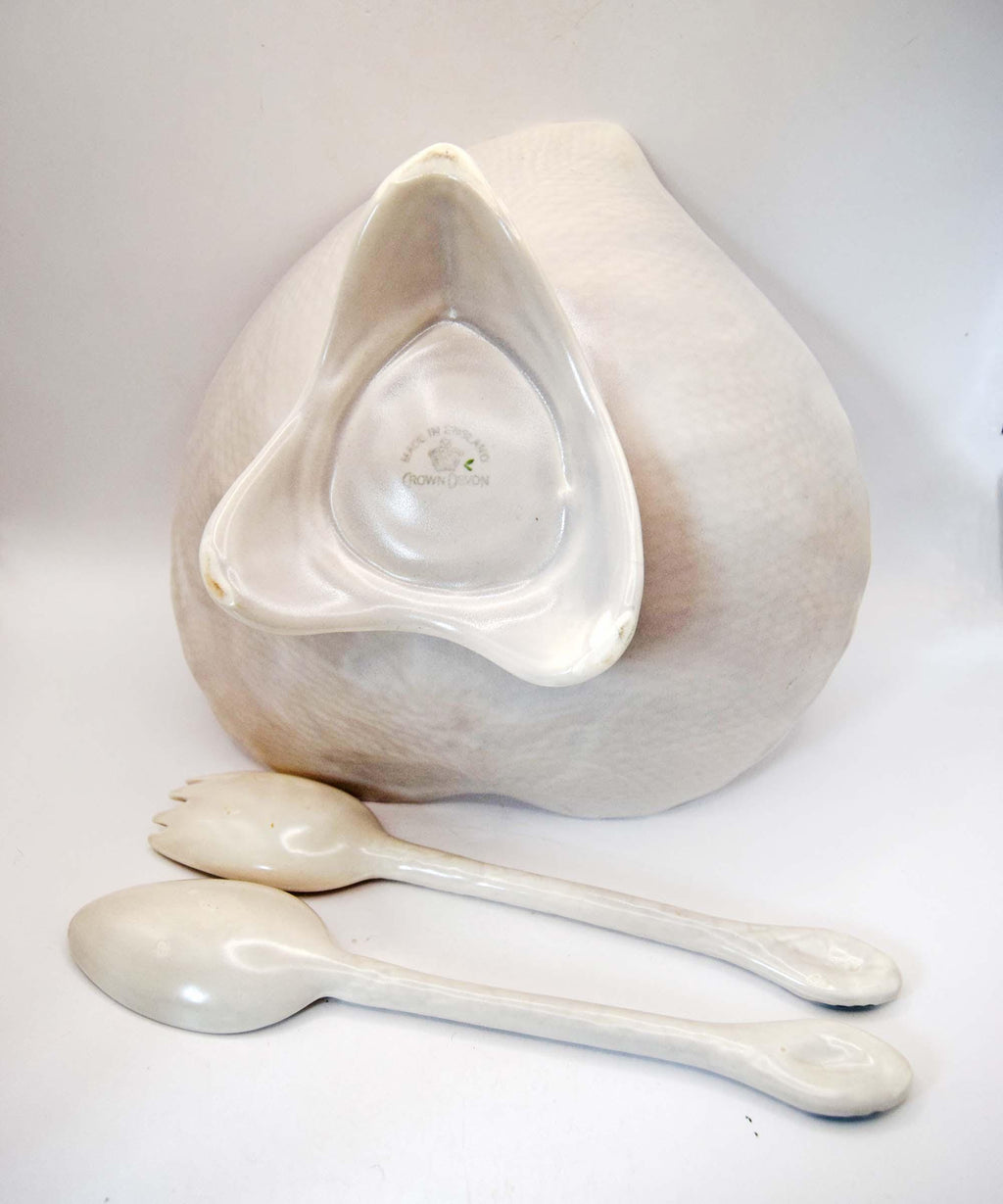 Vintage 1930s Crown Devon Fuchsia Leaf Salad Bowl Set with Servers | Pristine Condition