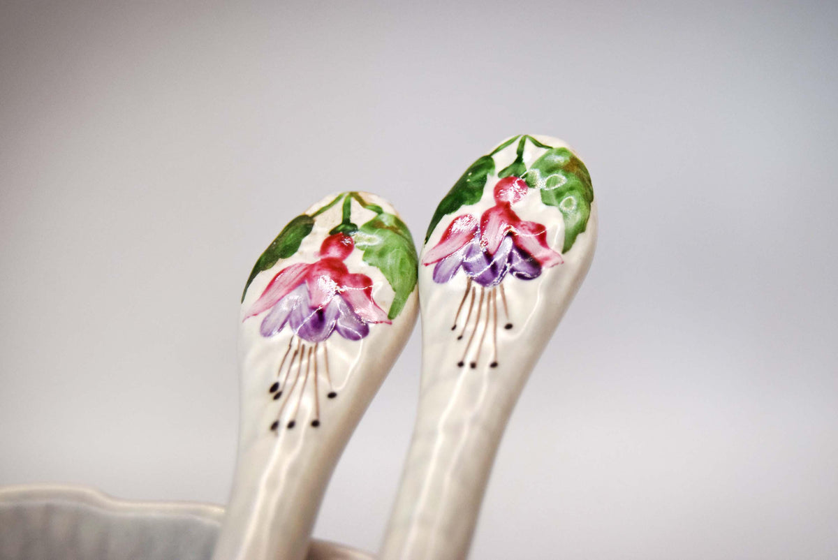 Vintage 1930s Crown Devon Fuchsia Leaf Salad Bowl Set with Servers | Pristine Condition