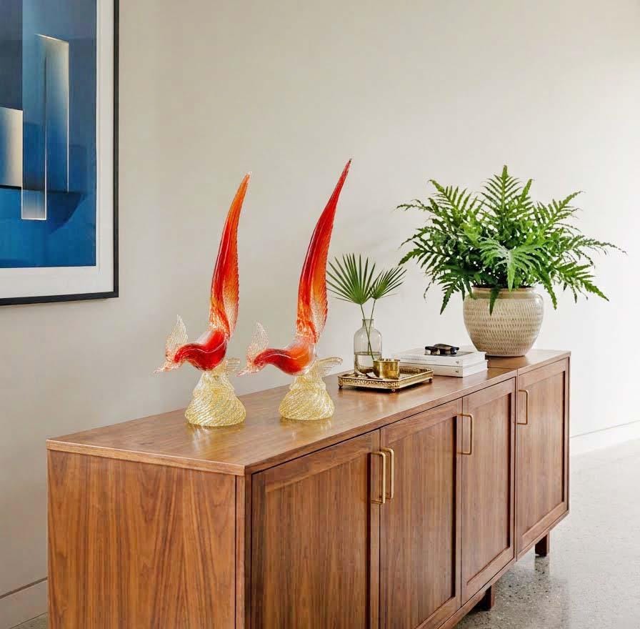 2 x Large Vintage Murano Glass Pheasant Birds - Red Sommerso & Gold Aventurine