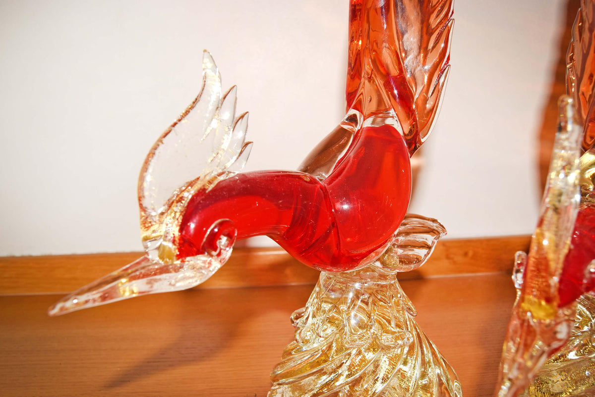 2 x Large Vintage Murano Glass Pheasant Birds - Red Sommerso & Gold Aventurine