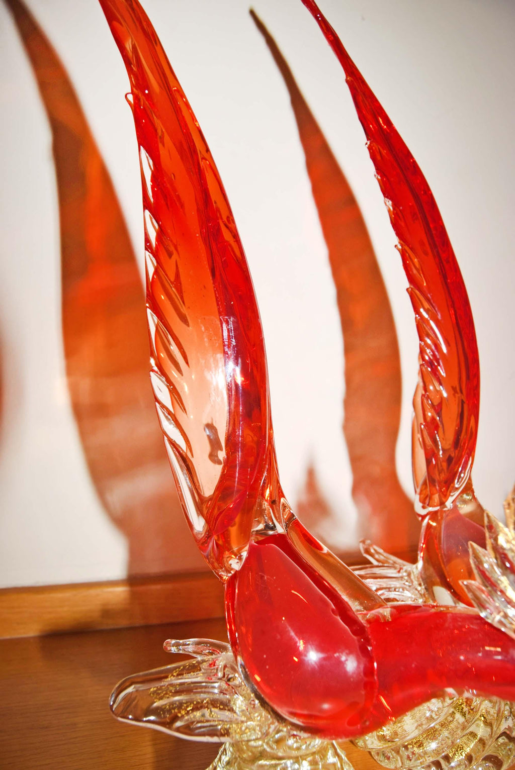 2 x Large Vintage Murano Glass Pheasant Birds - Red Sommerso & Gold Aventurine