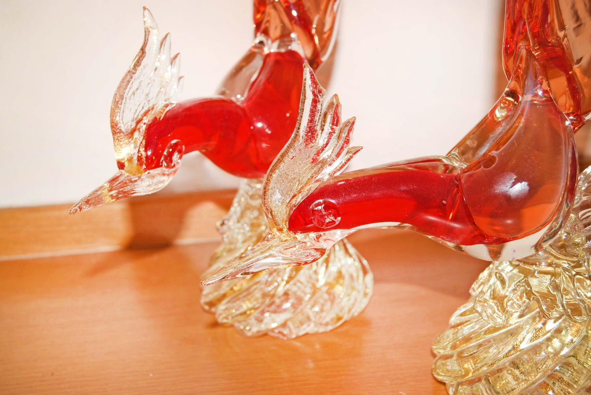 2 x Large Vintage Murano Glass Pheasant Birds - Red Sommerso & Gold Aventurine