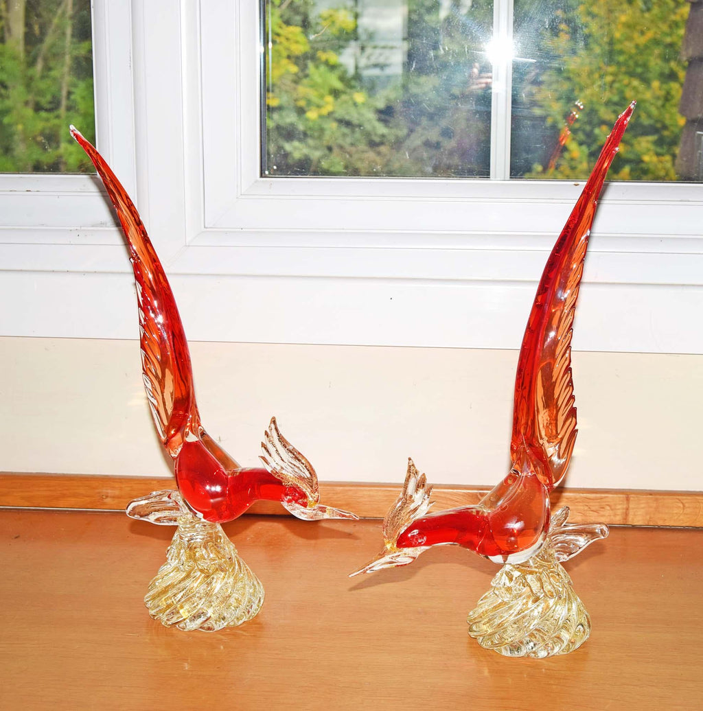 2 x Large Vintage Murano Glass Pheasant Birds - Red Sommerso & Gold Aventurine