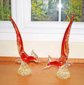 2 x Large Vintage Murano Glass Pheasant Birds - Red Sommerso & Gold Aventurine